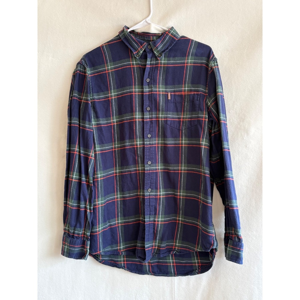 Chaps Performance Mens Large Flannel Shirt Navy Blue Green Orange Plaid Cotton